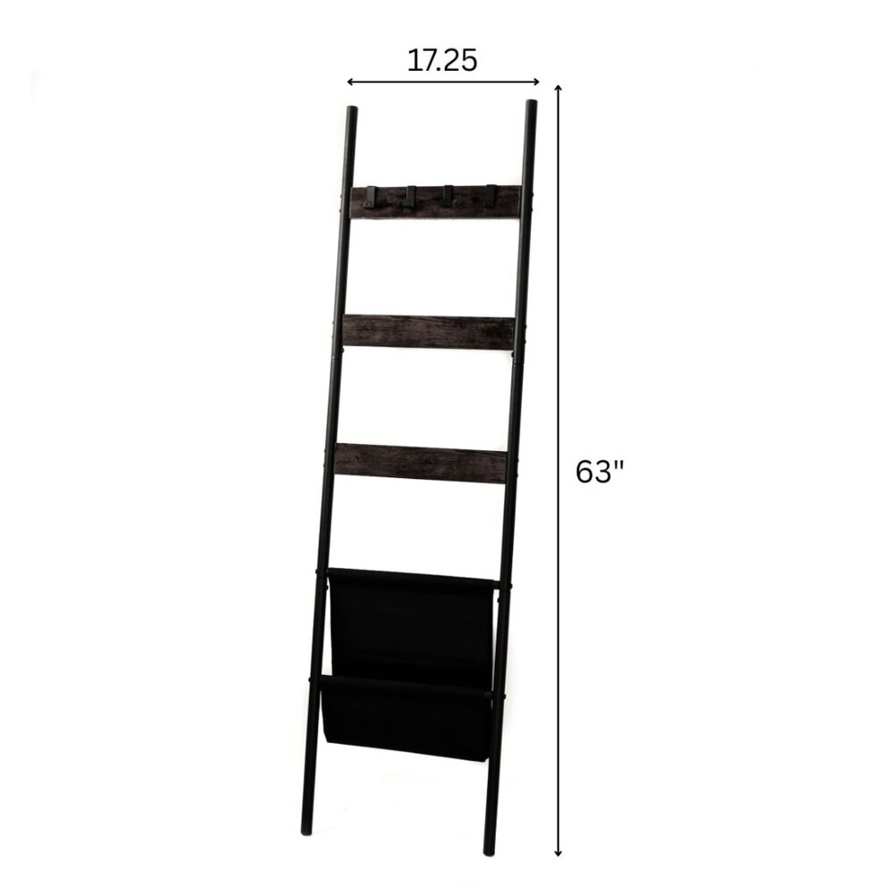 Wall-Leaning Blanket Ladder With Storage Basket 63"x17.25"x1" | Black - Picture 2 of 5